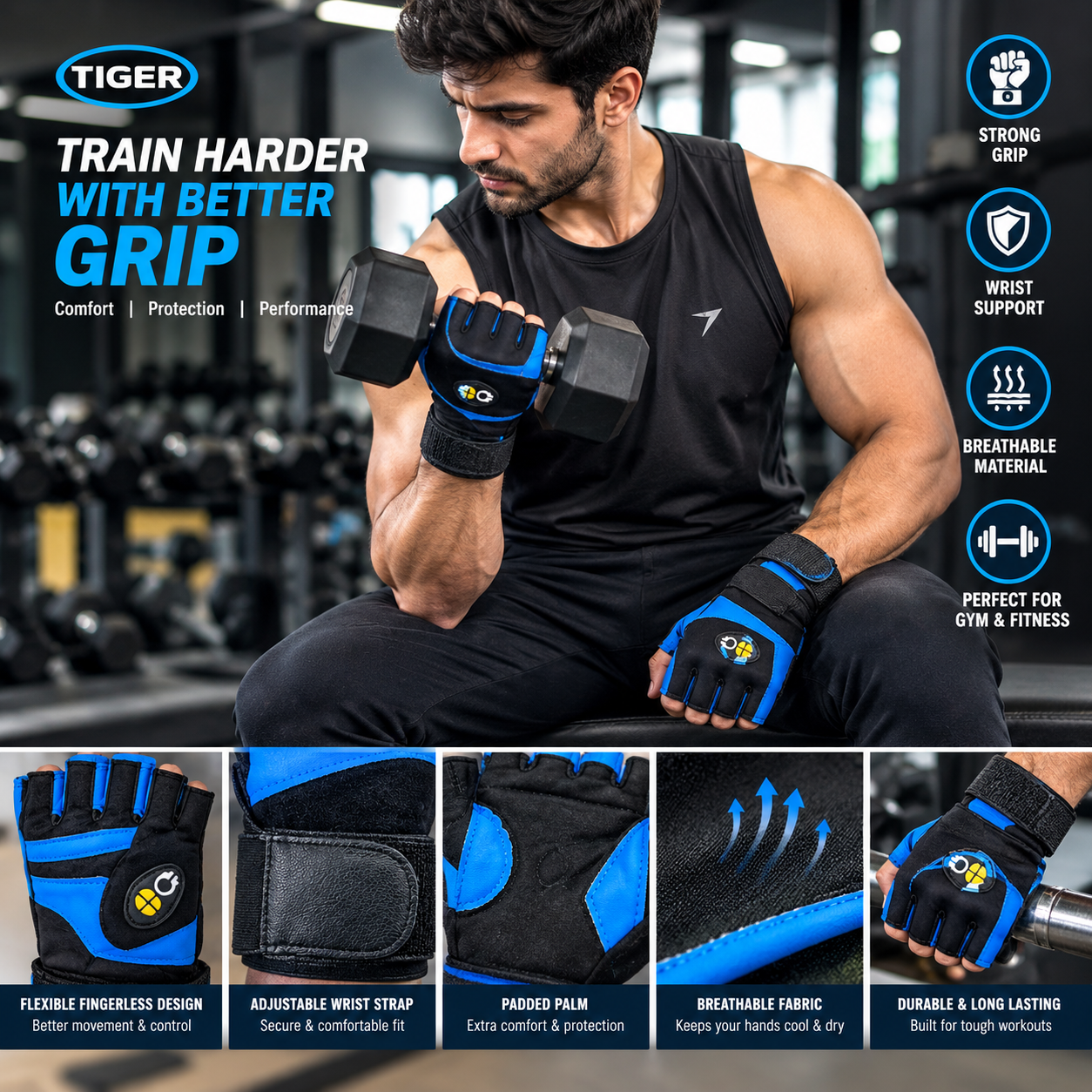 TIGER Black & Blue Fingerless Gym Workout Gloves with Wrist Support - Image 3